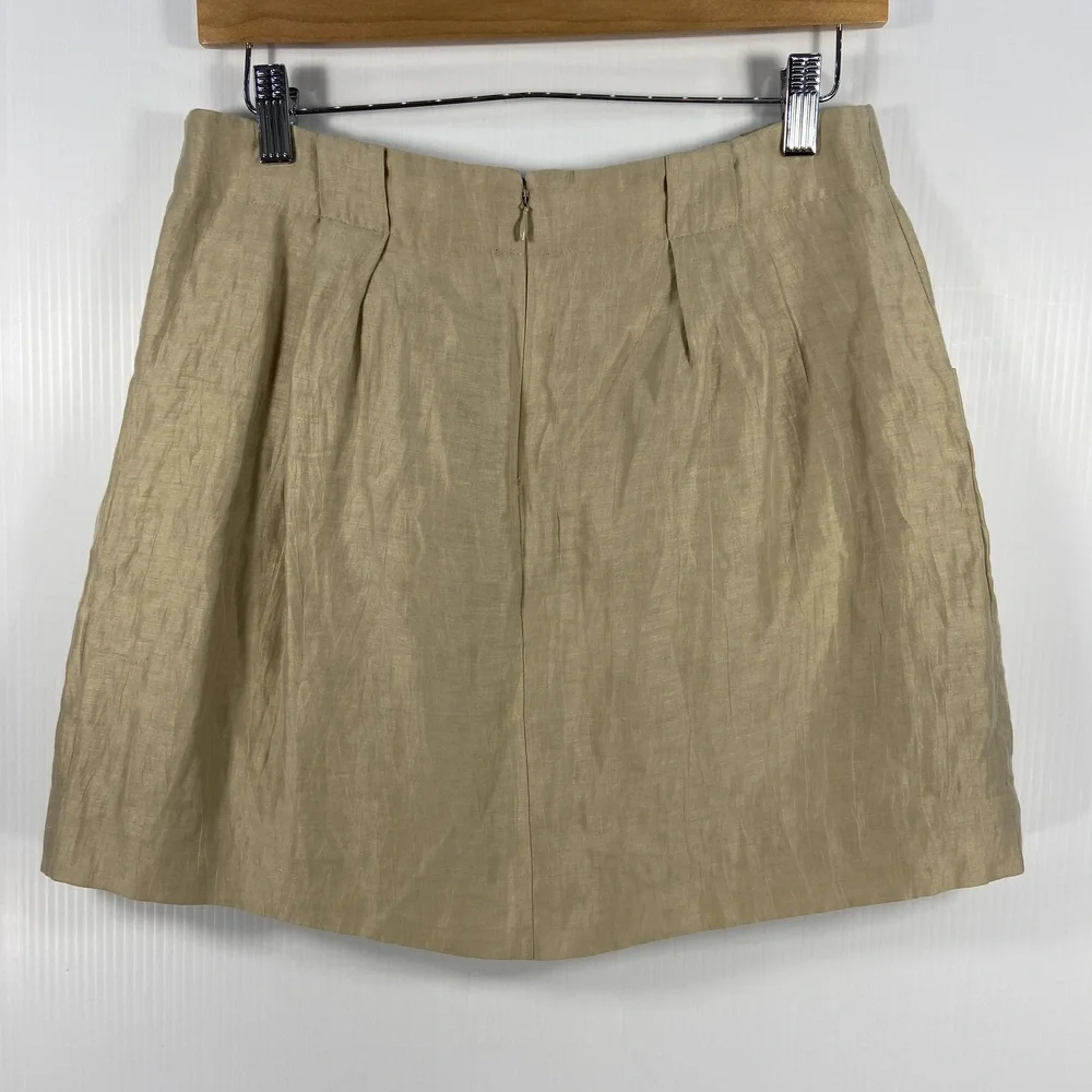 J Crew Charter Mini‎ Skirt Linen Blend Khaki Tan Shimmer Pockets Womens Size 4